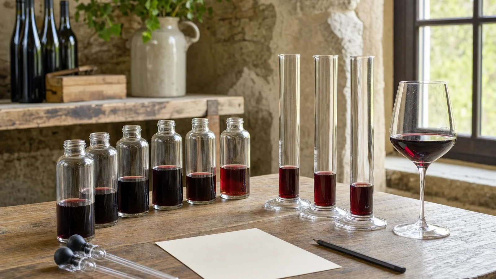 Measured blending trial with small wine samples, glass cylinders, pipettes, and a final glass