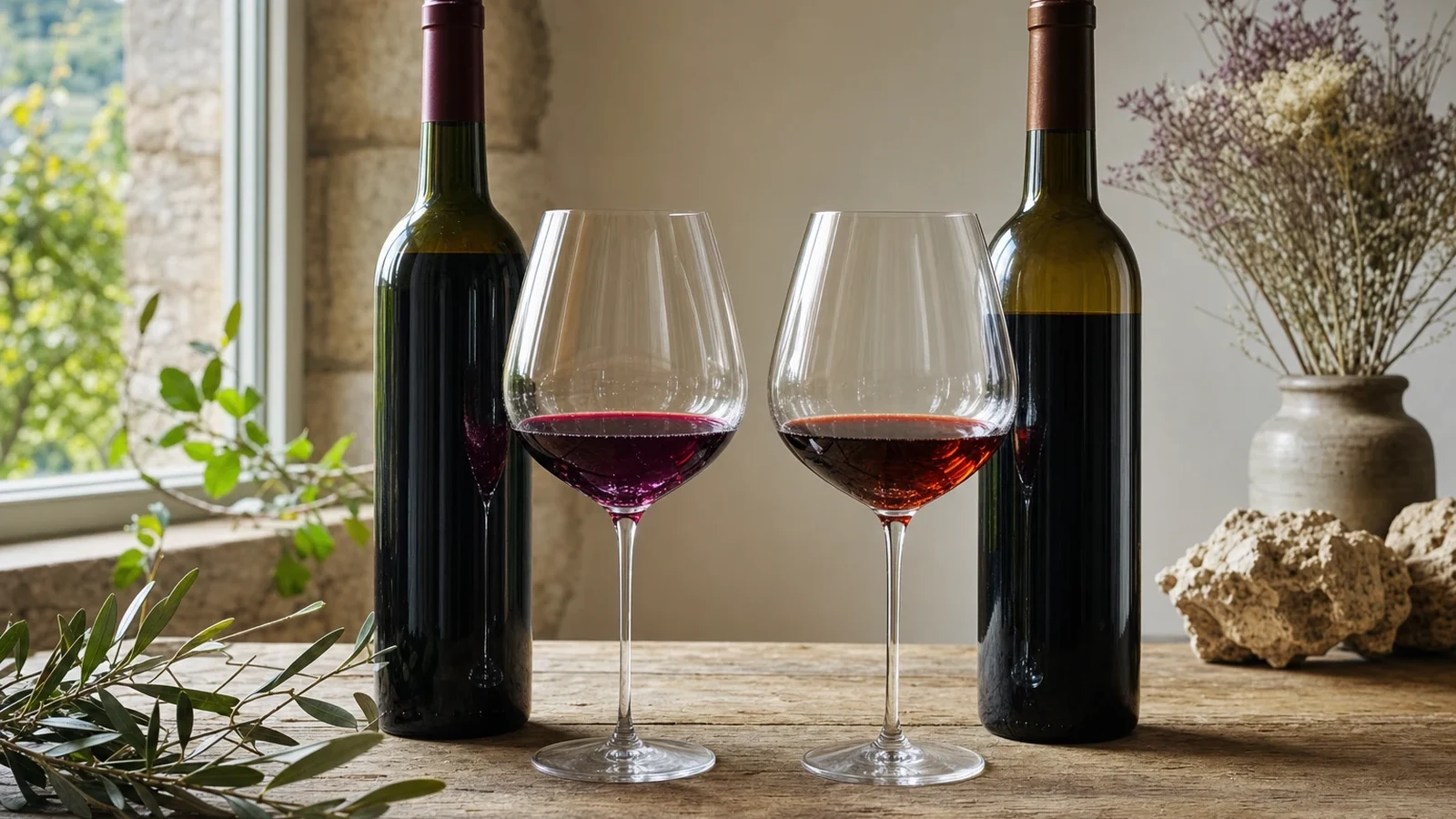 Ruby and evolved garnet examples of the same red-wine style shown side by side