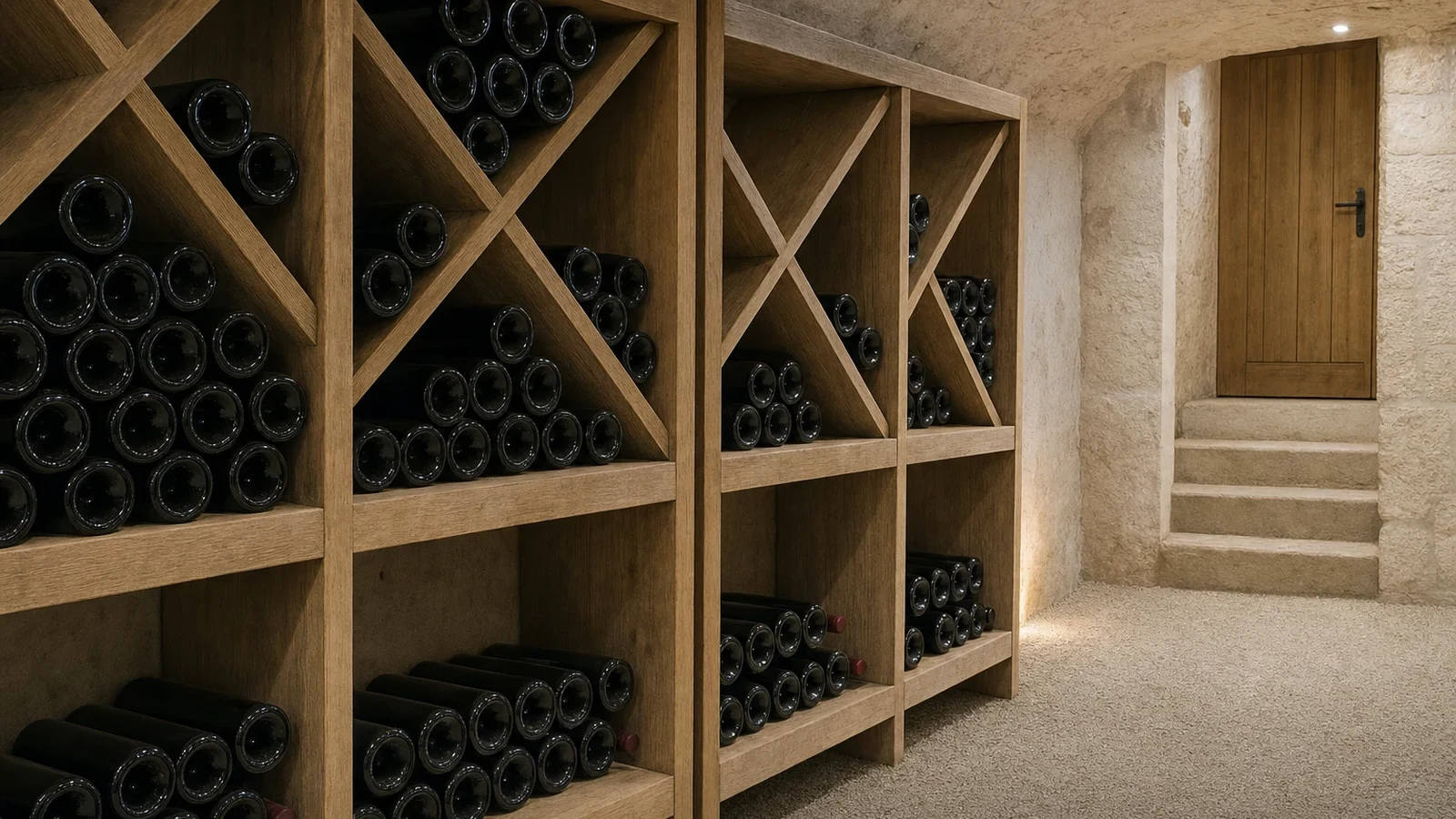 Unbranded wine bottles stored horizontally in a modest cool cellar away from sunlight