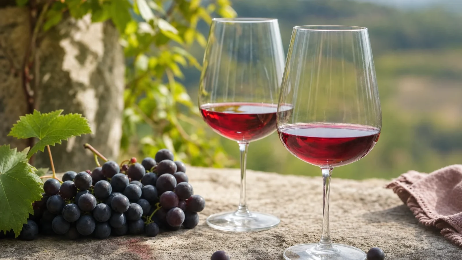 Two luminous pale-ruby red wines beside a healthy dark grape cluster on cool stone