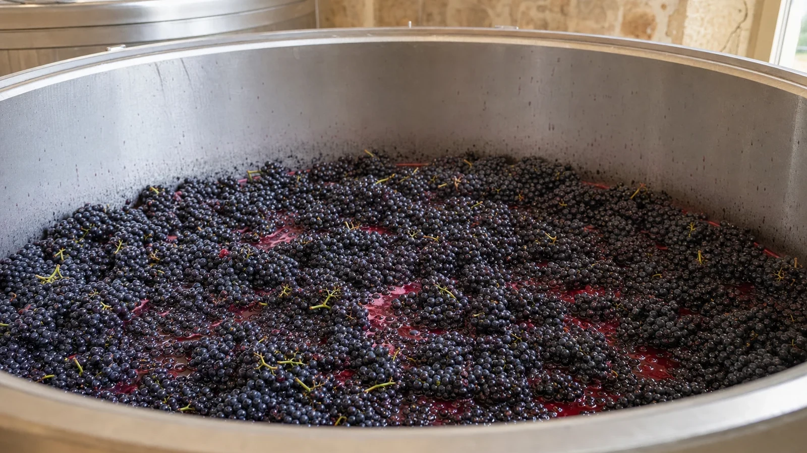 Fermentation vat filled with intact dark grape clusters above a small amount of ruby juice