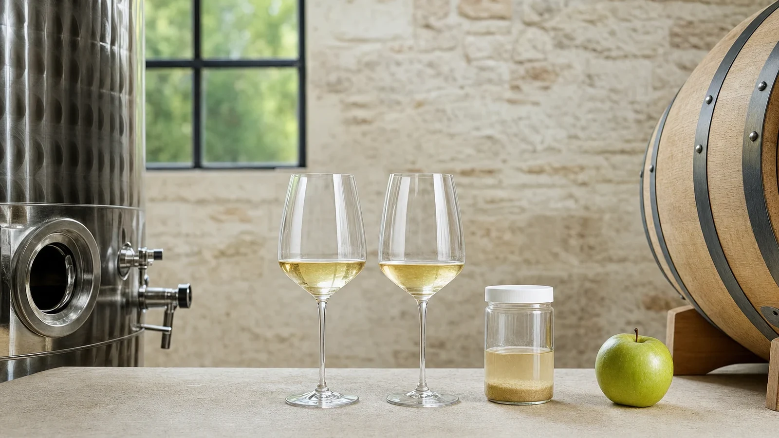 Chardonnay samples between a stainless-steel vessel, an oak barrel, fine lees, and a green apple