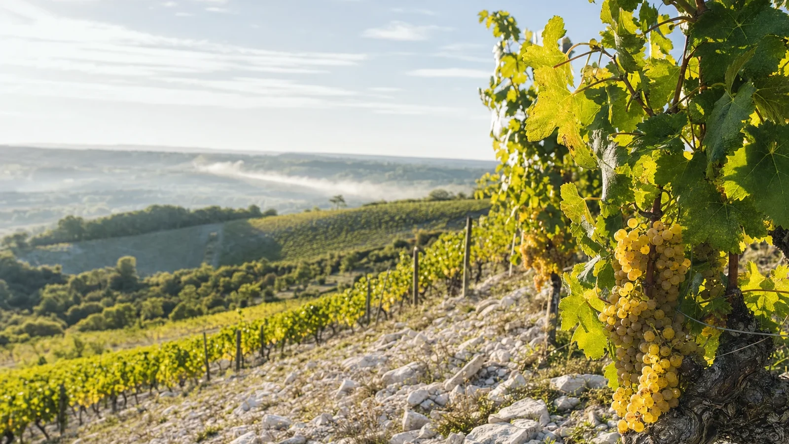 Chardonnay vineyard across a breezy pale limestone slope in cool morning light