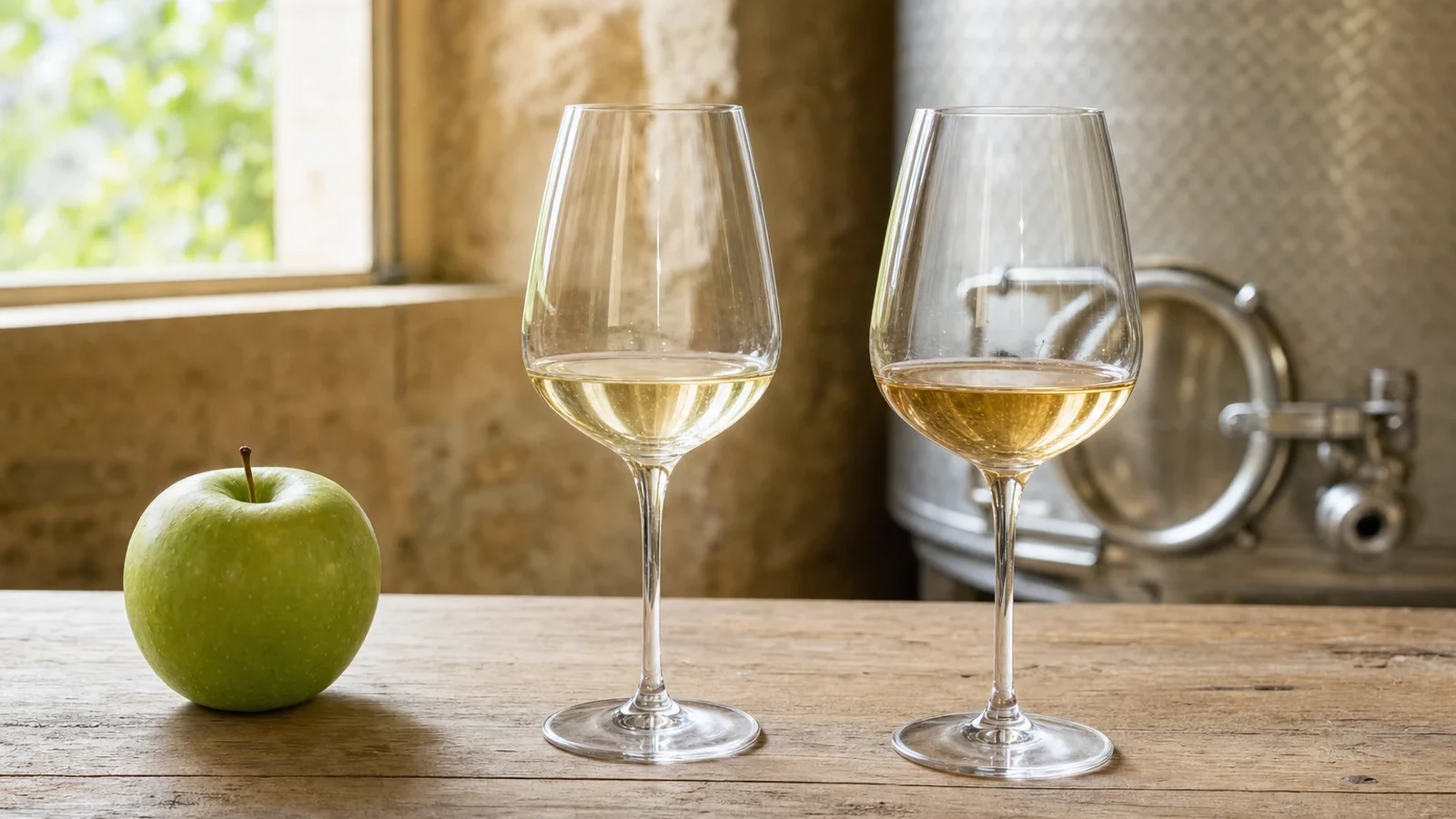 Green apple and two pale-gold wine samples in front of a stainless-steel cellar vessel