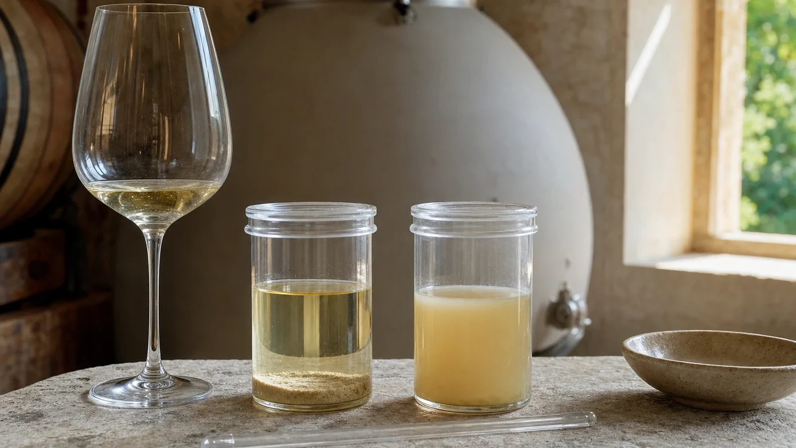 Clear cellar samples showing settled and gently stirred fine lees beneath pale wine