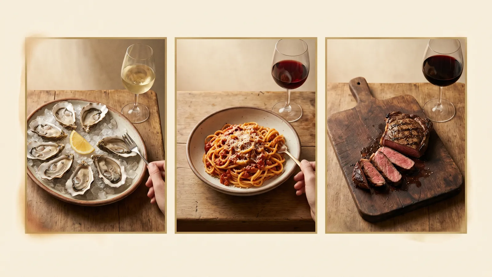 Three pairings showing weight matching: light, medium, and full-bodied wines with corresponding dishes