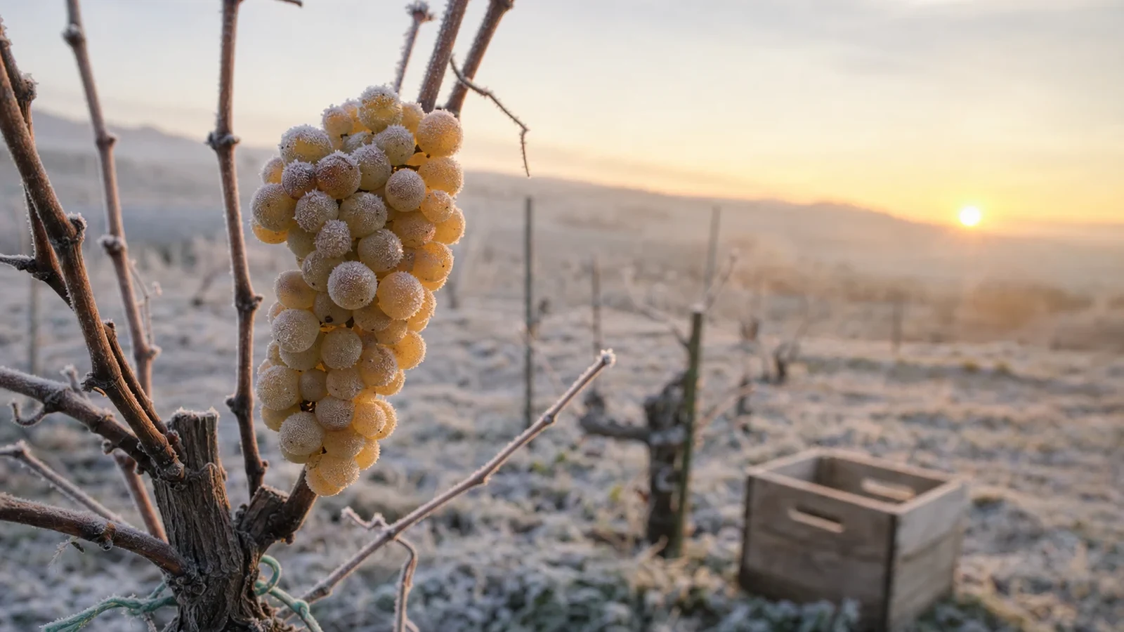 Naturally frozen pale wine grapes hanging on a dormant vine at winter dawn
