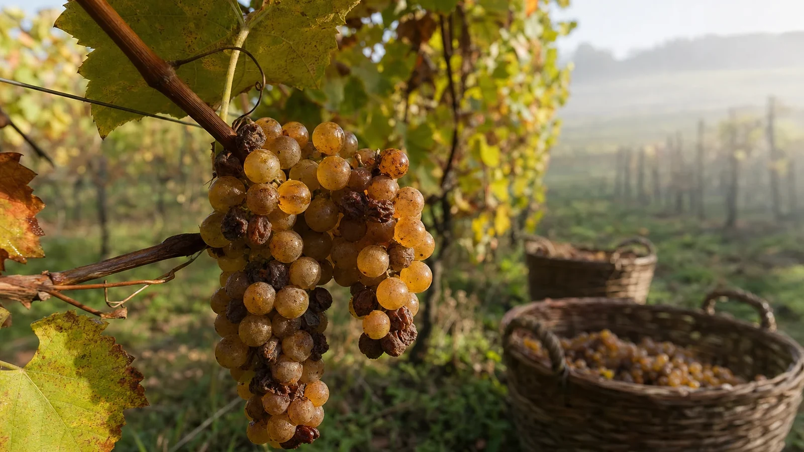 Naturally botrytised golden wine grapes on the vine after a misty morning