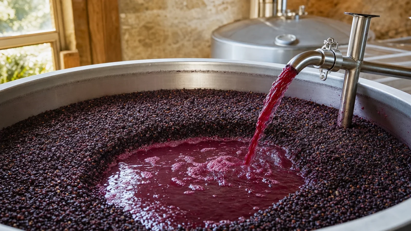 Red-wine fermentation vat with grape-skin cap being gently wetted during a pump-over