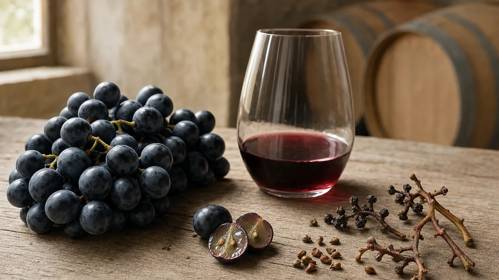 Opened dark wine grape showing its skin, pulp, and intact seeds beside a red wine sample