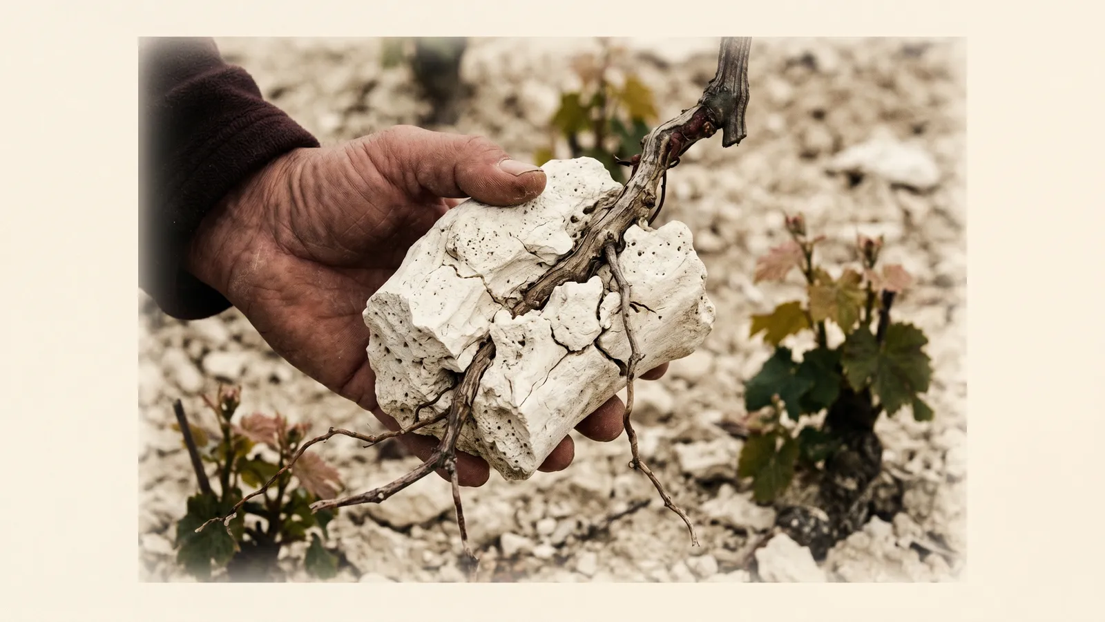 Belemnite chalk exposed beneath vine roots in a Champagne vineyard