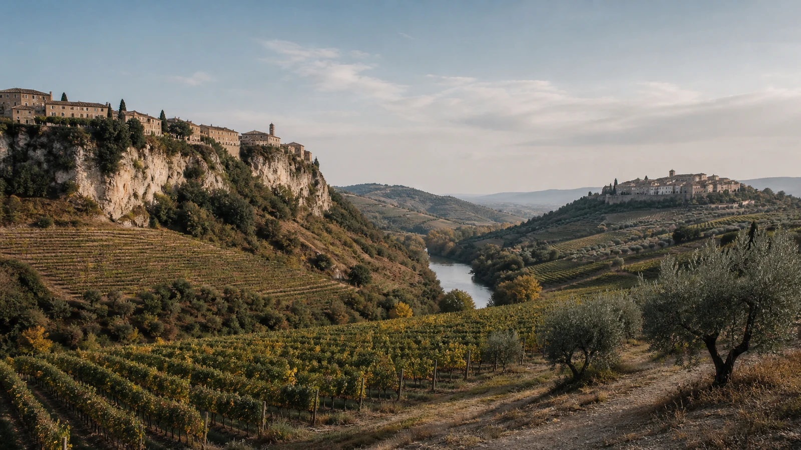 Umbrian vineyards below an Orvieto-like tuff plateau and across the olive-lined hills near Montefalco