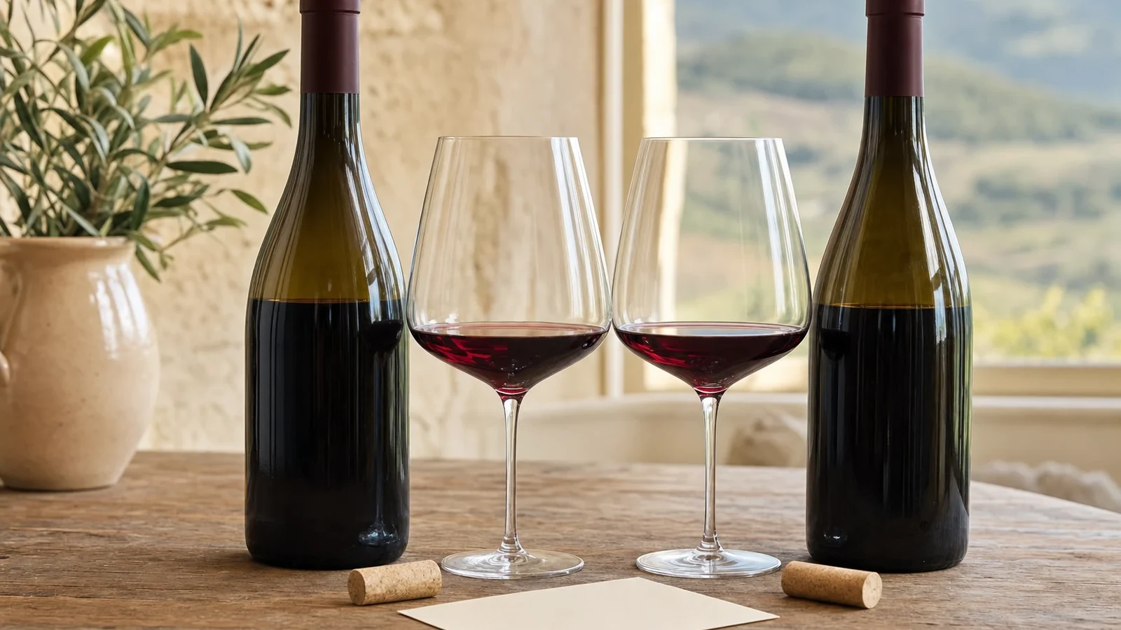 Two matching unbranded bottles and equal pale-red wine samples prepared for comparison