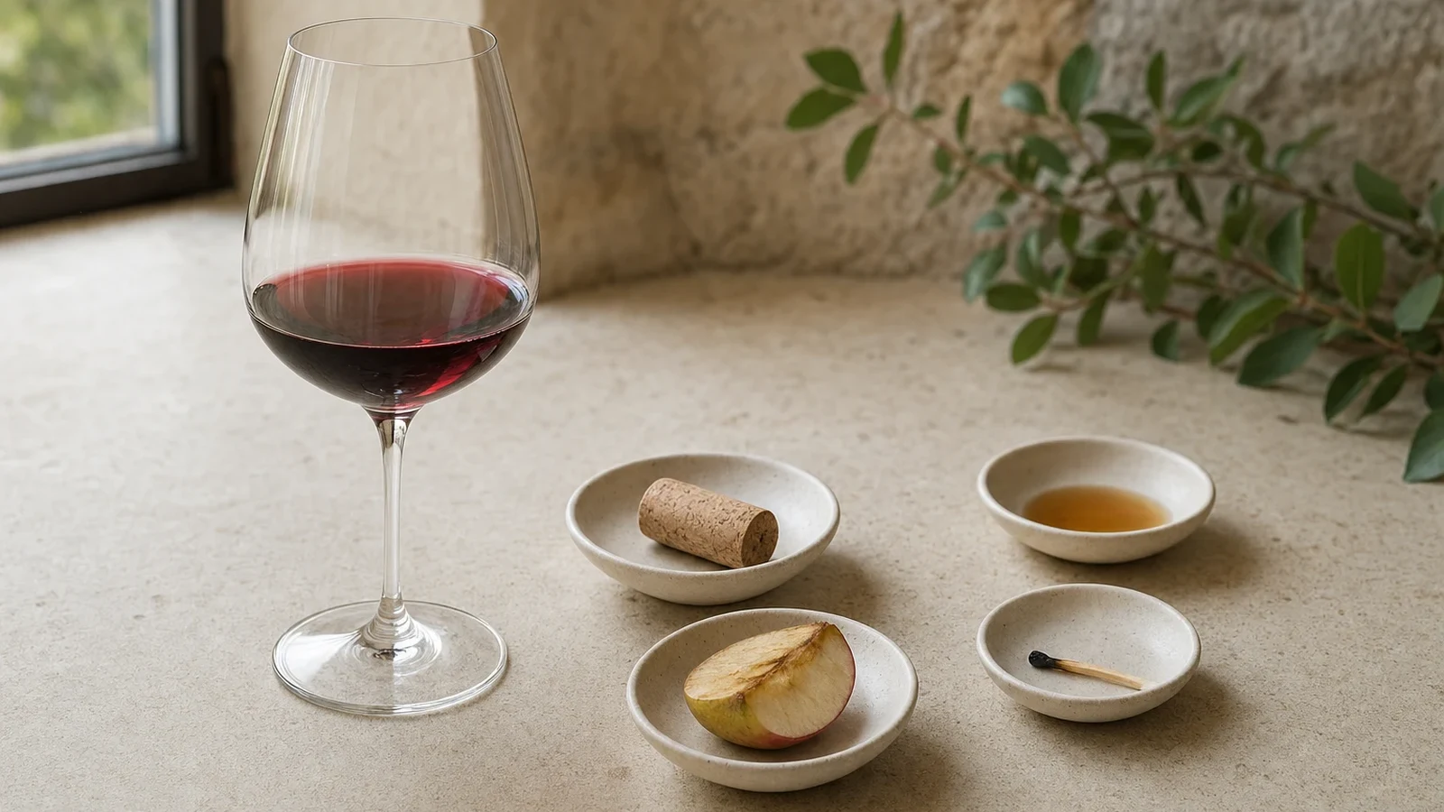 Clean sensory-reference table with wine, cork, bruised apple, spent match, and vinegar kept separate